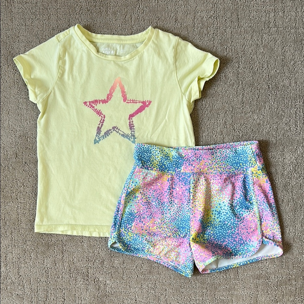Light yellow Tee with colorful Runway shorts